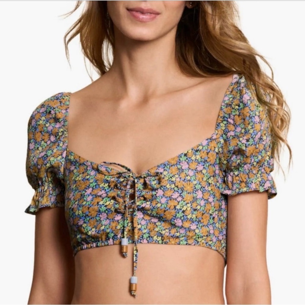 Maaji Blossom Briella Cover-Up Crop Top Ditsy Floral Short Sleeve Ribbon Tie NWT
